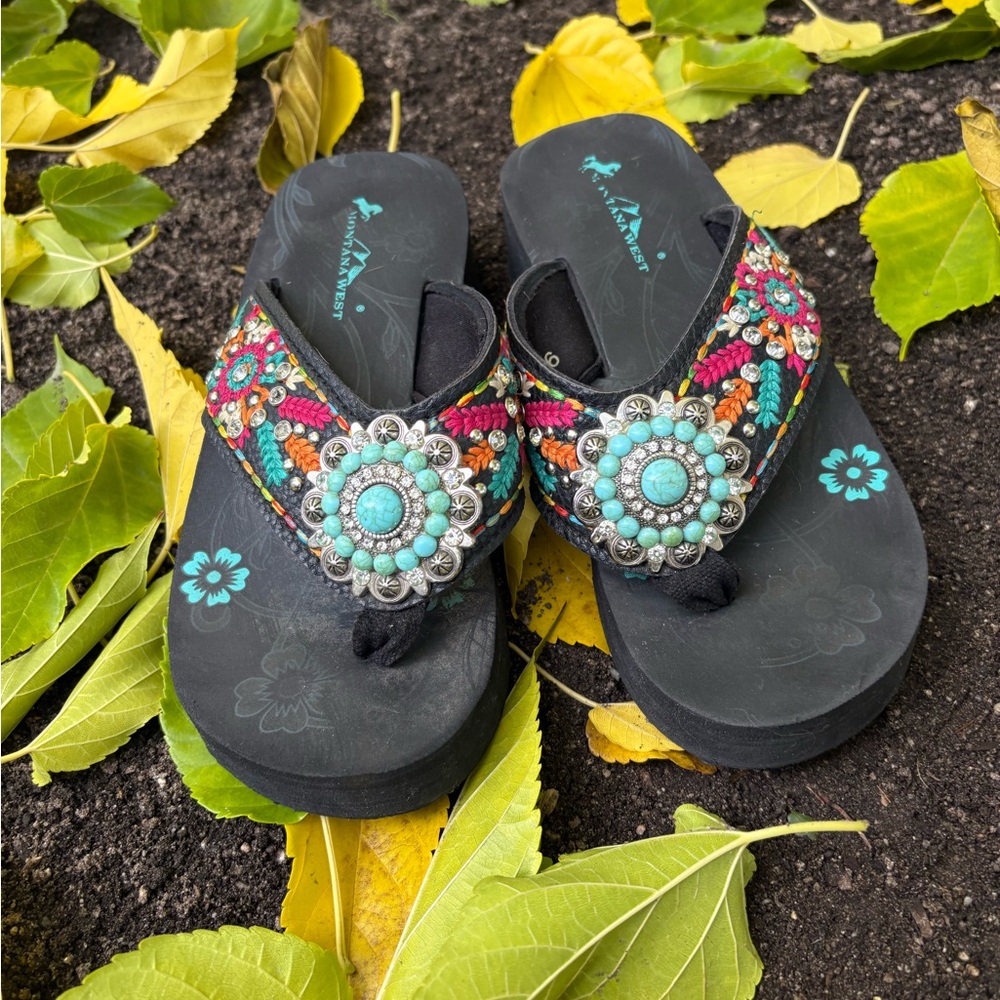 Montana West Black and Turquoise Beaded Sandals